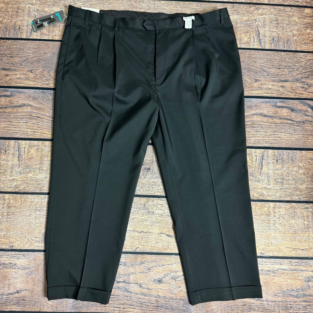 Savane Mens Pleated Dress Pants Black Stretch Crosshatch 50X28.5 Altered Cuff